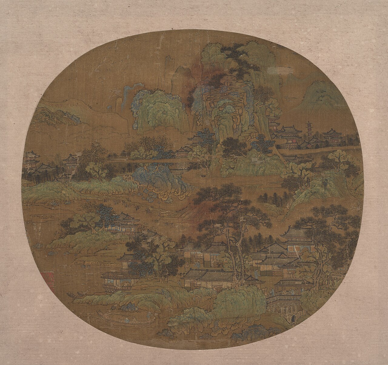 明 佚名 樓閣江帆圖 團扇-Village and Temples in Jiangnan MET DP153537