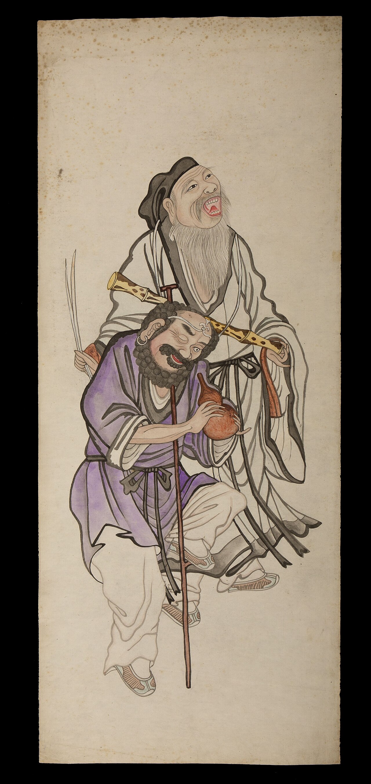 Collectie Wereldmuseum, RV-666-158, schildering, 'Twee onsterfelijken- Li Tieguai (Koreaans- Yi Sugwae) met een kalebas in zijn handen, en Zhang Guolao (Koreaans- Chang Kwa-no) met een fluit', 1800-1888